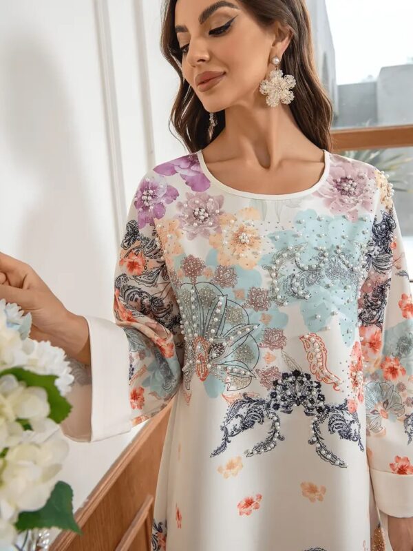 Elegant Floral Print Long Kaftan Dress - Image 5