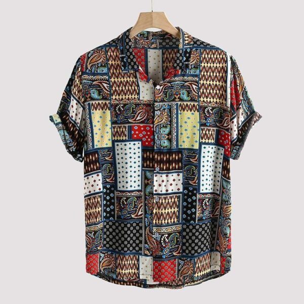 Mens Vintage Ethnic Style Printing Loose Short Casual Shirt - Image 3
