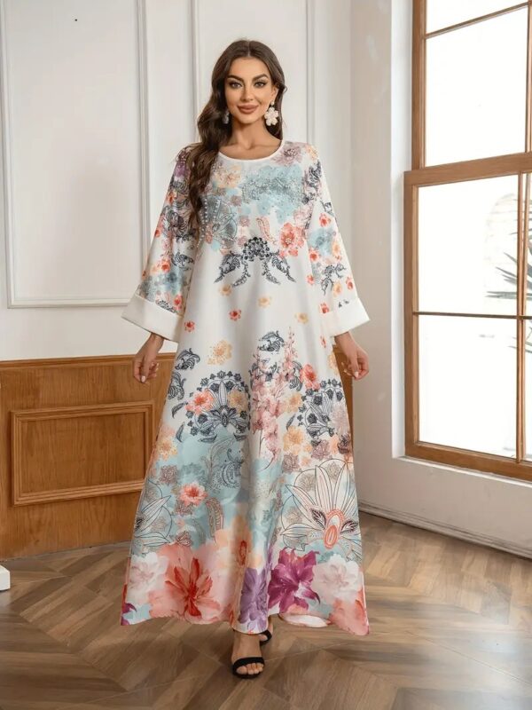 Elegant Floral Print Long Kaftan Dress - Image 8