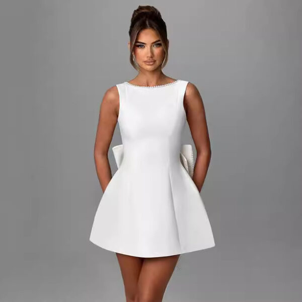 Big-Bowed Pearls Backless Dress Summer Slim Sleeveless A-line Dresses For Party Evening Women's Clothing - Image 3