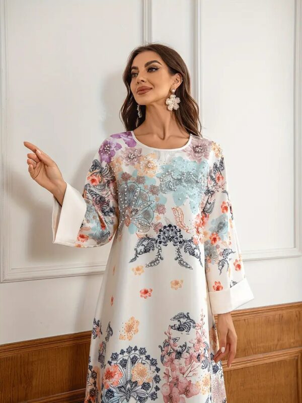Elegant Floral Print Long Kaftan Dress - Image 3