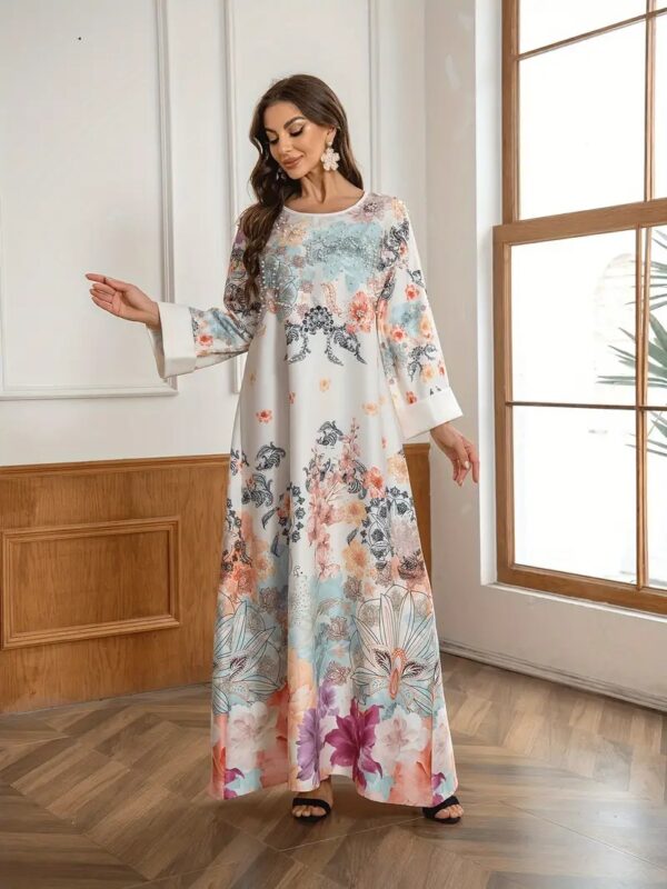 Elegant Floral Print Long Kaftan Dress - Image 2