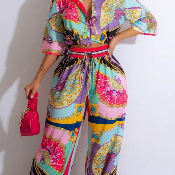 Fan Pattern Printed Short Sleeve Suit - Image 6