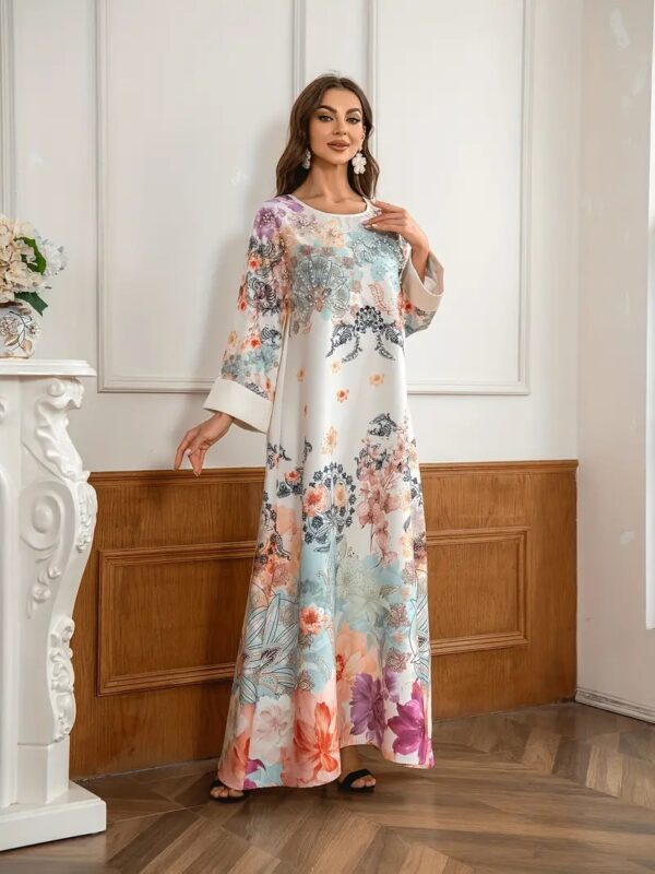 Elegant Floral Print Long Kaftan Dress - Image 7
