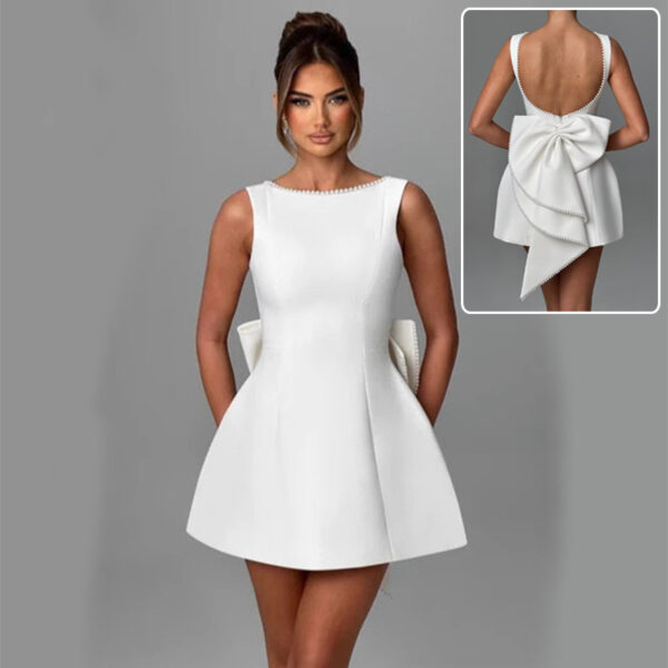 Big-Bowed Pearls Backless Dress Summer Slim Sleeveless A-line Dresses For Party Evening Women's Clothing